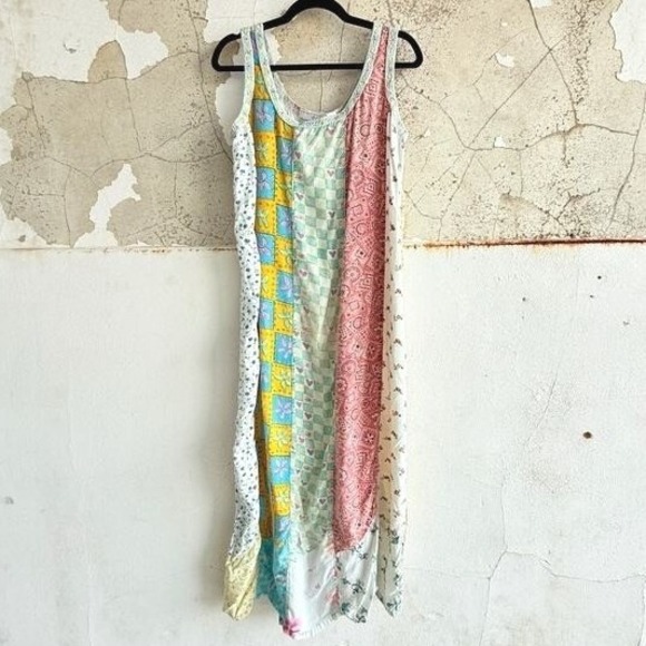 Sacred Threads Dresses & Skirts - Vtg 90s Patchwork Maxi Dress Rayon Embroidered Trim Tie Back Waist Womens L Boho